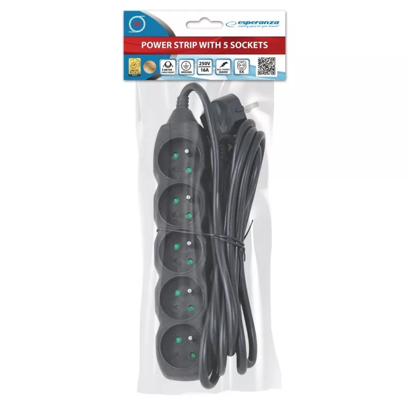 Sadales kontaktligzda ESPERANZA ELK208K — 5 ligzdas, 3 m kabelis, melna
