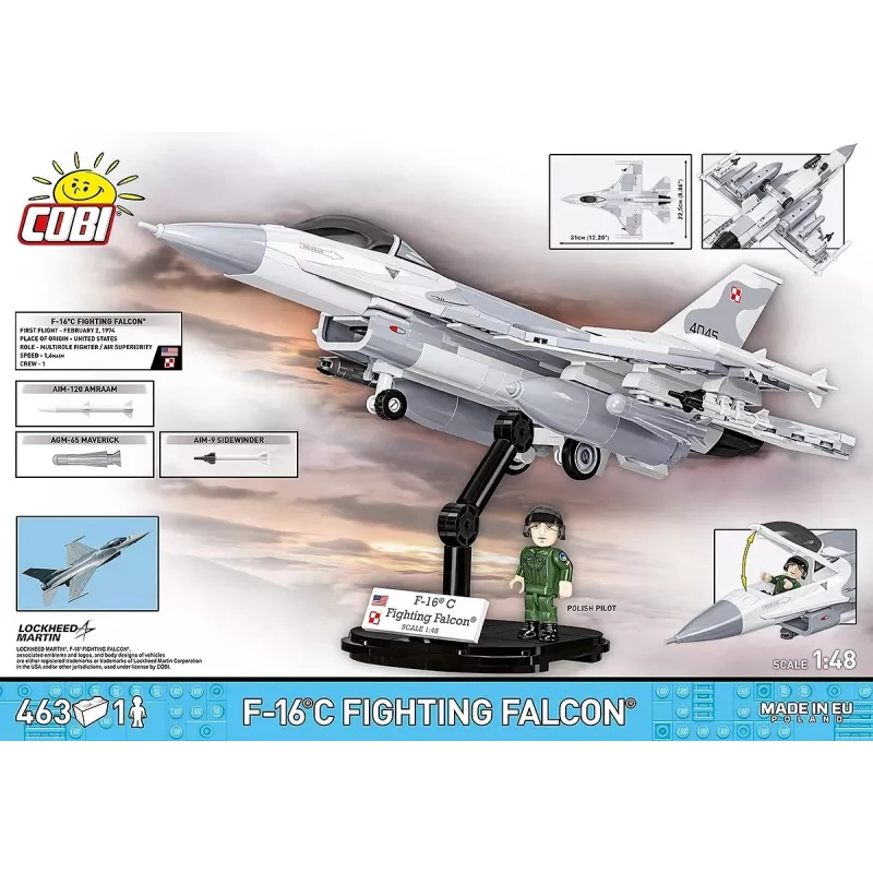 Konstruktoru komplekts Cobi F-16C Fighting Falcon — 463 detaļas, mēroga modeļa būvēšanas komplekts