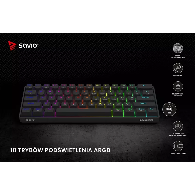 Mehāniskā spēļu tastatūra SAVIO MelnsOUT X2 BROWN 61 taustiņi 60% USB QWERTY RGB Outemu Brown