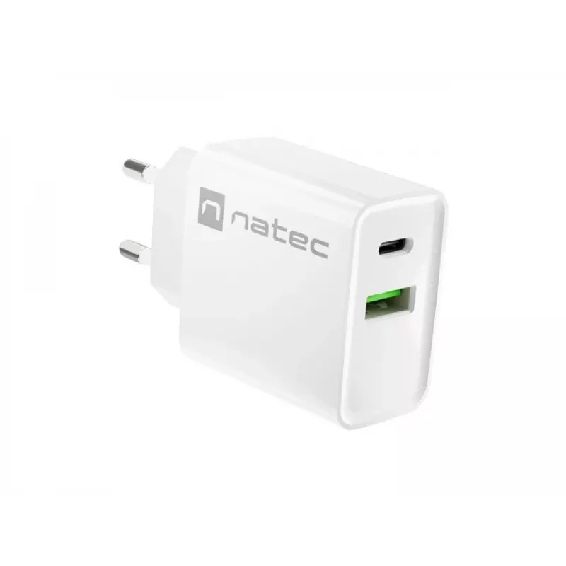 Iekštelpu maiņstrāvas ātrās uzlādes lādētājs NATEC RIBERA 12V 20W USB-C PD 3.0 + USB-A Samsung AFC balts