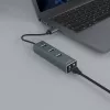 SAVIO USB-A centrmezgls ar RJ-45 Gigabit Ethernet AK-57 — 3× USB-A + RJ-45, USB 3.2 Gen 1 Micro‑B resursdators, 5 Gbit/s, 4 porti, pelēks