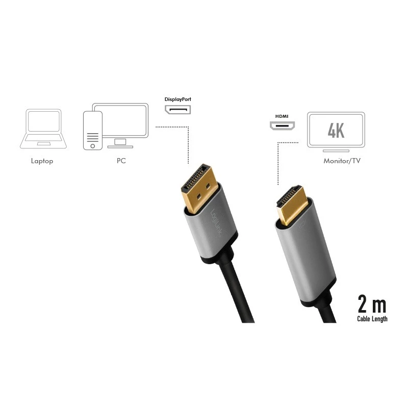 LogiLink CDA0107 video kabeļa adapteris 2 m DisplayPort HDMI Pelēks Melns