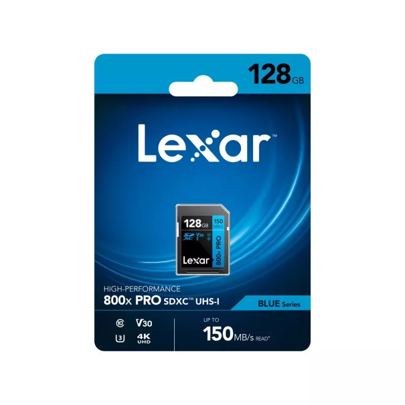 SDXC atmiņas karte Lexar 128GB UHS-I 800xPRO Class 10 U3 V30 — 150 MB/s lasīšana, 45 MB/s rakstīšana, melna