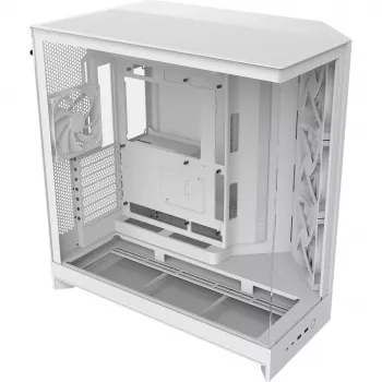 PC korpuss NZXT H9 Flow Midi Tower balts — ATX/EATX/Micro ATX/Mini-ITX, 3x140 mm priekšā, 1x120 mm aizmugurē, 2x3,5 collu un 6x2,5 collu nodalījumi, rūdīts stikls