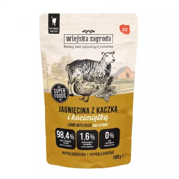 mitrā kaķu barība wiejskazagroda Lamb & Duck Catnip Adult 100 g, bezgraudu, bezglutēna