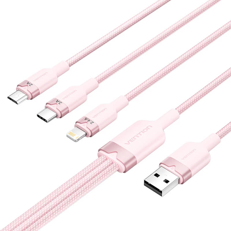USB 2.0 A uz 3-in-1 3A kabelis Vention CTPPG 1,5M rozā