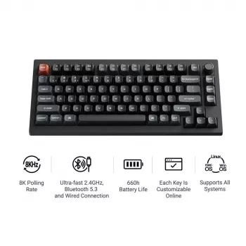 Mehāniskā tastatūra Keychron V1 Ultra 8K — 75% QWERTY, Bluetooth, vadu, RGB, melna