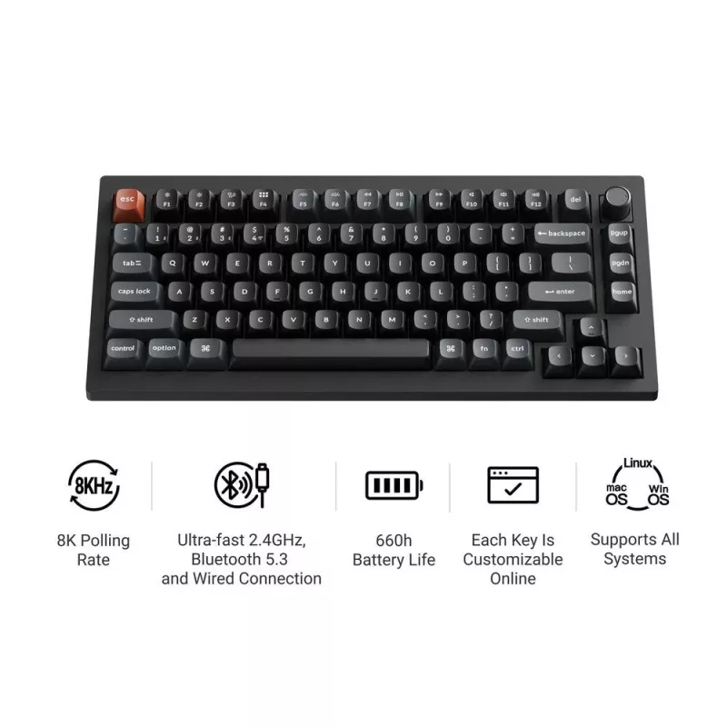 Mehāniskā tastatūra Keychron V1 Ultra 8K — 75% QWERTY, Bluetooth, vadu, RGB, melna
