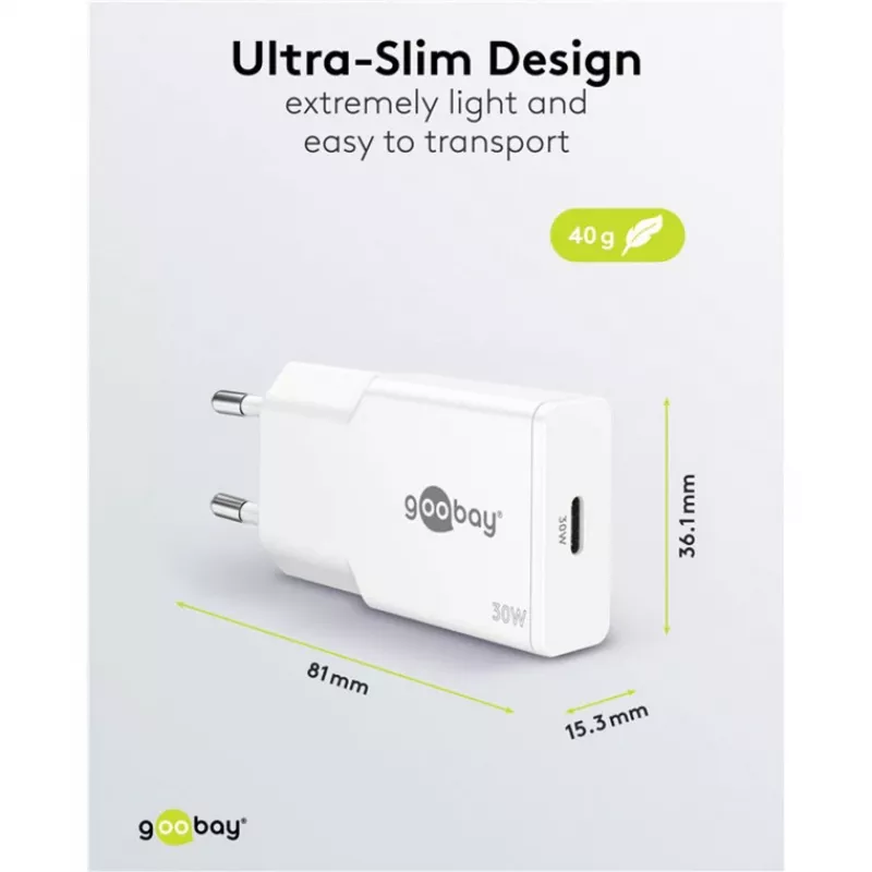 USB-C PD GaN ātrais lādētājs plāns (30 W) (balts)