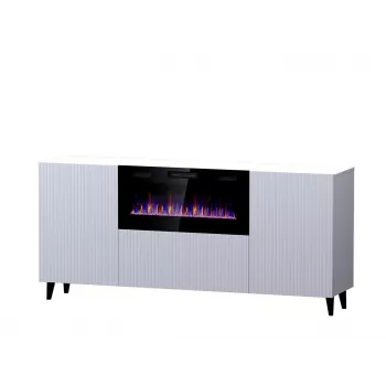 Kumode ar elektrisko kamīnu Cama Meble PAFOS, 180x42x82 cm, balts matēts, 1400–1600 W, bez rokturiem, 3 durvis, 2 plaukti