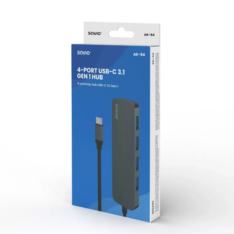 USB centrmezgls SAVIO AK-54 — 4 x USB-A (USB 3.2 Gen 1), USB-C resursdators, melns