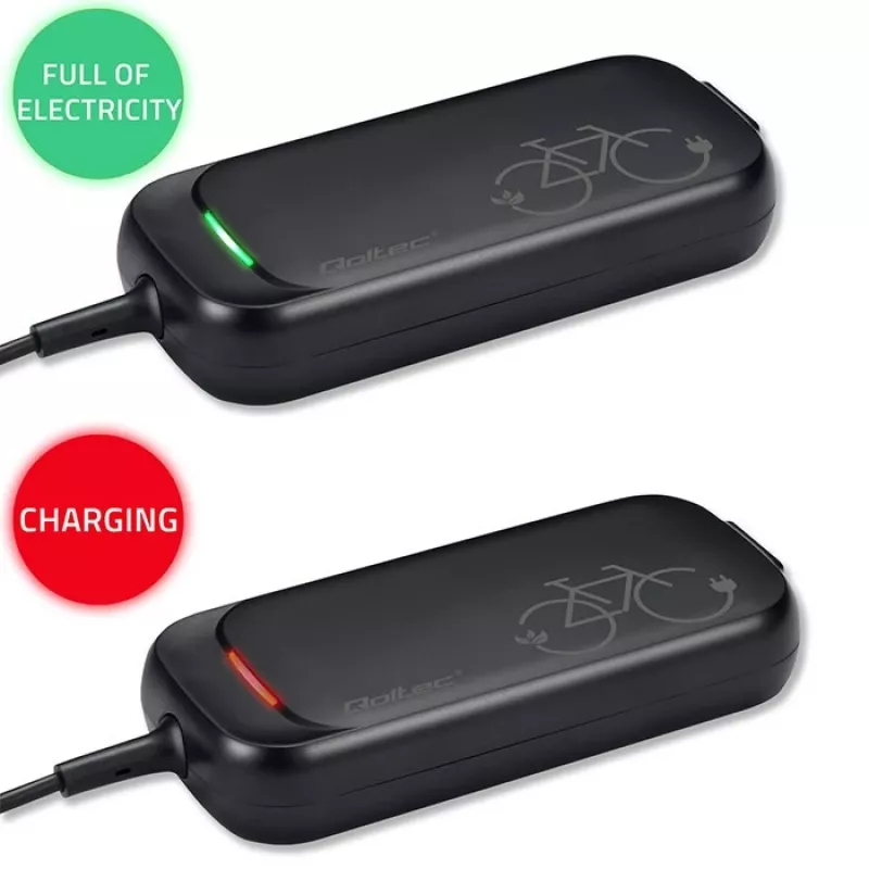 Ebike lādētājs QOLTEC 50332 — 36V/42V izeja, 2A, 5,5×2,1 mm spraudnis