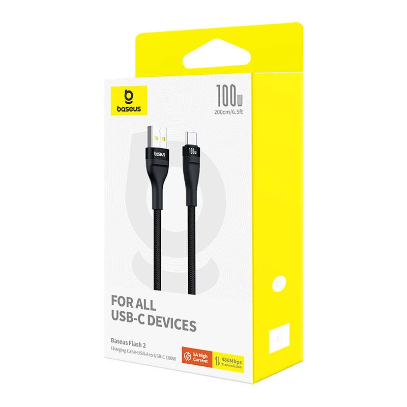 Baseus Flash 2 USB A uz USB C ātrās uzlādes kabelis 2 m 100 W Melns