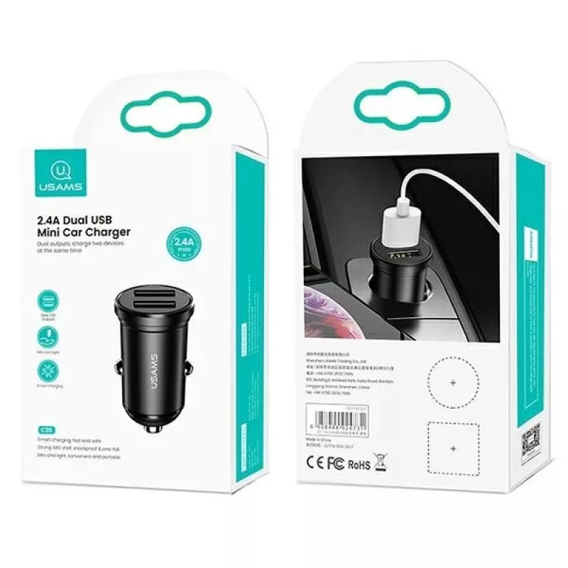 Auto lādētājs usams USA000867 — Divi USB 2×2.4A, Melns
