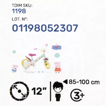 Bērnu velosipēds Toimsa TOI1198 12 collu Peppa Pig dizains, 12 collu putu riepas, priekšējā bremze, mācību riteņi, groziņš
