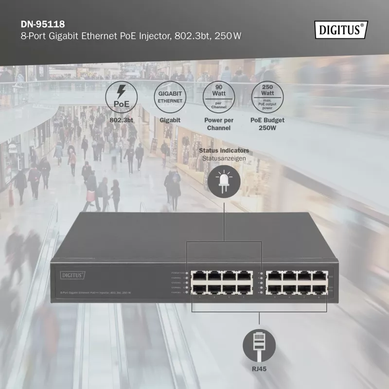 Digitus 8 portu Gigabit Ethernet PoE injektors, 802.3bt, 250 W