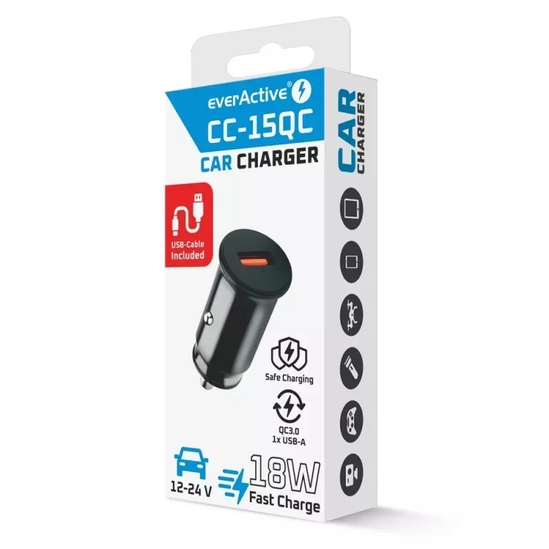 Auto lādētājs everActive CC-15QC QC3.0 18W 1x USB ar kabeli