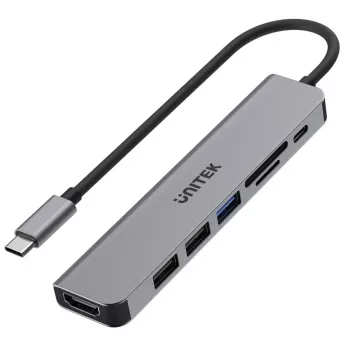 USB-C centrmezgls Unitek 7in1 Aluminium PD 100W 5 Gbps — multiportu adapteris ar Power Delivery
