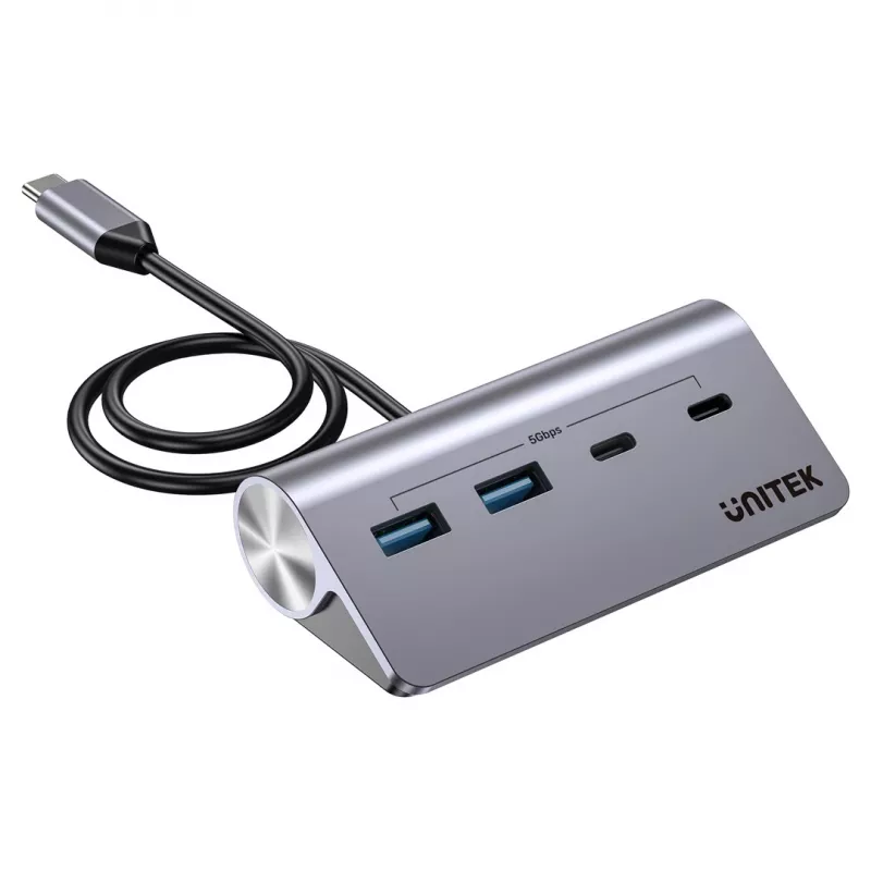 USB centrmezgls Unitek H1337AGY01 — 4 portu (2×USB-C, 2×USB-A), līdz 5 Gbps katram portam, alumīnija, sudraba krāsā