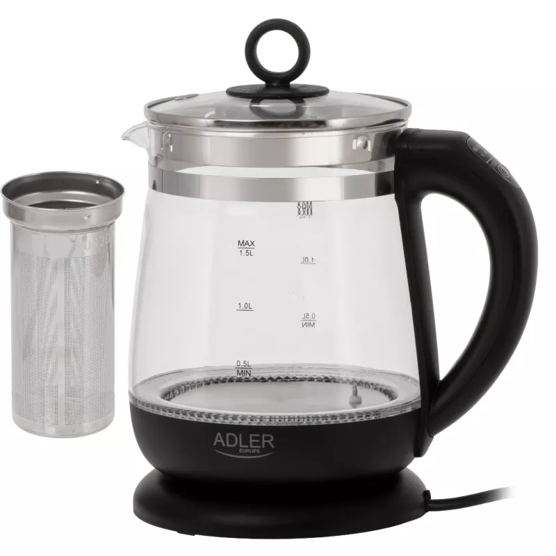 Adler Tējkanna | AD 1299 | Elektriskā | 2200 W | 1,5 L | Stikla | 360° rotējoša pamatne | Melna