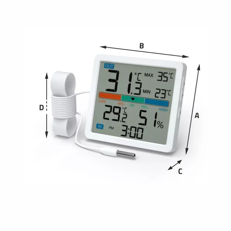 Termometrs‑higrometrs MANTA MTO002W ar ārējo sensoru (150 cm), iekštelpu 0–+50°C, ārtelpu -40–+70°C, mitrums 20–95% RH, komforta indikators, pulkstenis