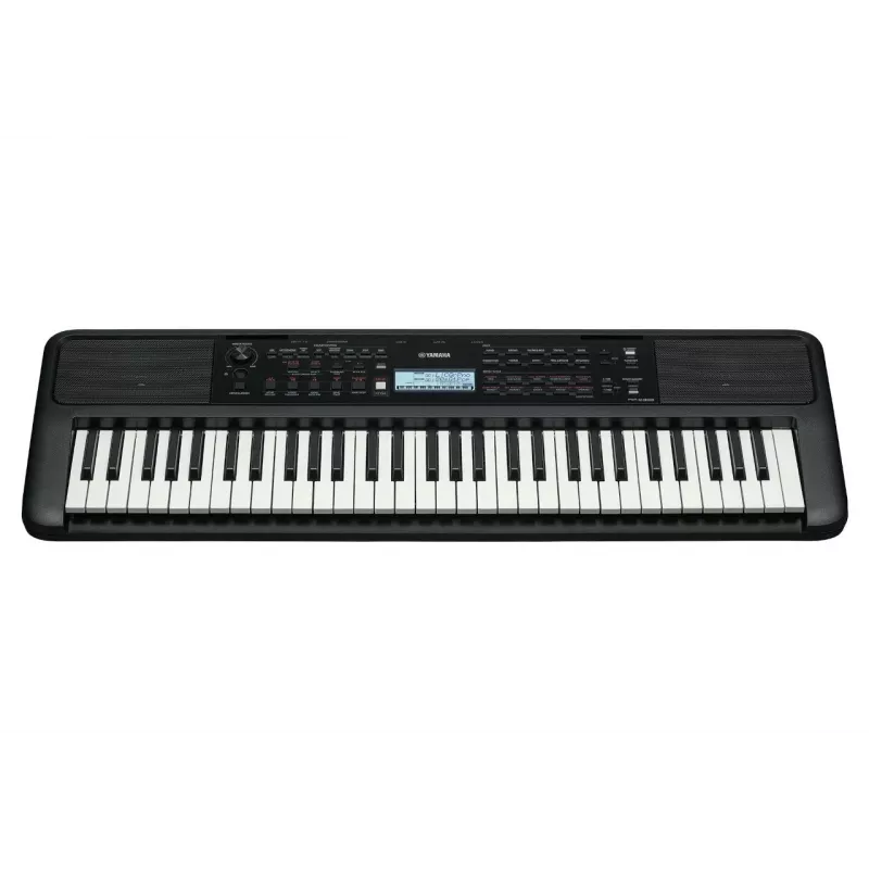 YAMAHA PSR-E383 tastatūra — 61 taustiņu pārnēsājama MIDI tastatūra, LCD displejs, USB, iebūvēti skaļruņi, darbināma ar baterijām (6), melna