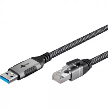 Ethernet kabelis USB-A 3.2 Gen1 spraudnis > RJ-45 spraudnis, LAN adapteris melns/sudrabains, 3 metri, pīts tekstila apvalks
