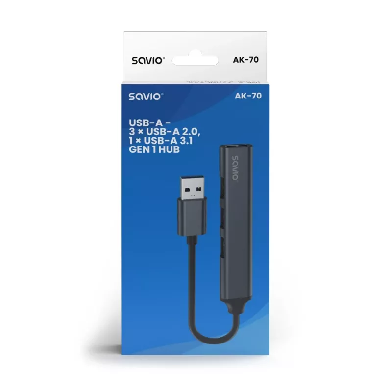USB centrmezgls SAVIO AK-70, 7 portu USB 3.0, 4 lietojami porti, USB Type-A resursdators, 5 Gbit/s pārsūtīšana, garantija 2 gadi