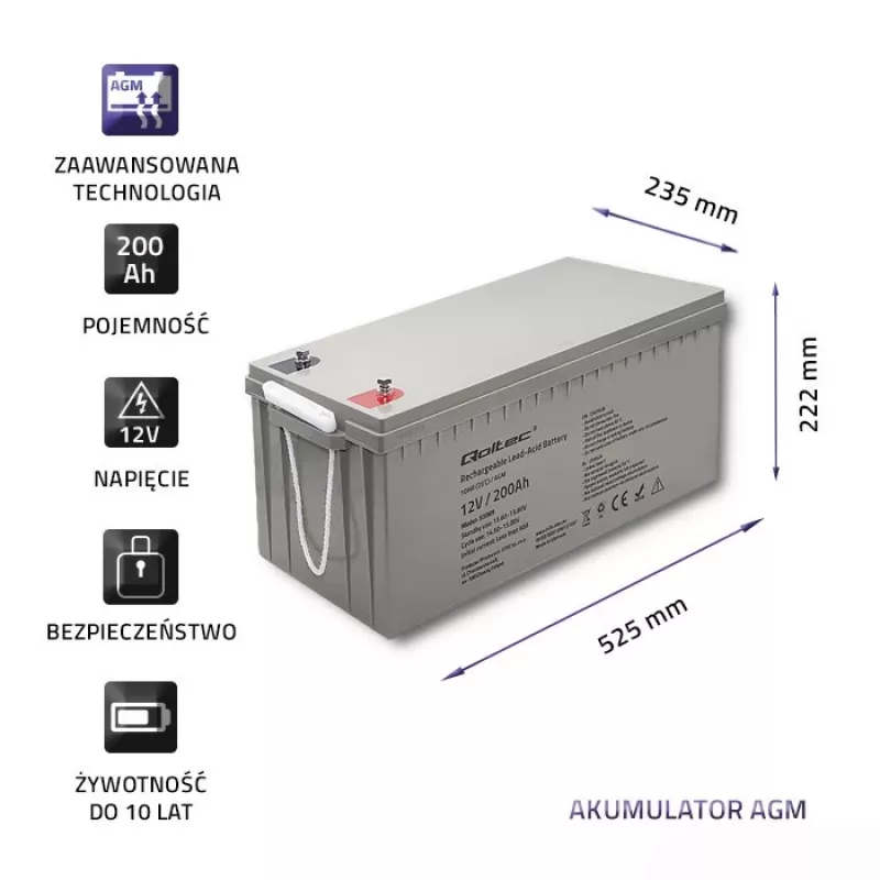 Uzlādējams AGM akumulators QOLTEC 53069 12V 200Ah rezerves barošanai un UPS sistēmām