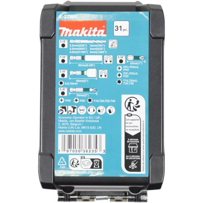 Urbju komplekts Makita E-22866 — 31 gab., dažādi izmēri kokam, metālam, mūrim