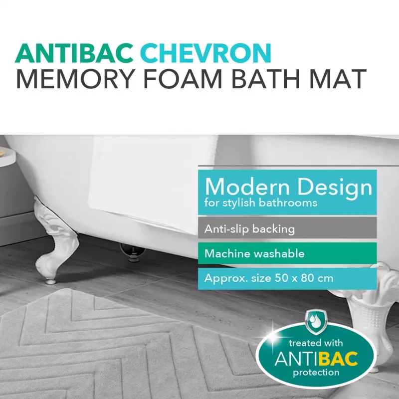 Vannas paklājiņš Beldray LA032647LGRYUFFEU7 Antibac Chevron, atmiņas putas, antibakteriāls, pelēks