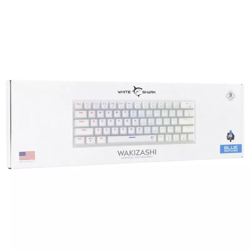 Mehāniskā spēļu tastatūra White Shark Wakizashi WAKIZASHI-2-US-W-BLUE — ASV izkārtojums, zilie slēdži