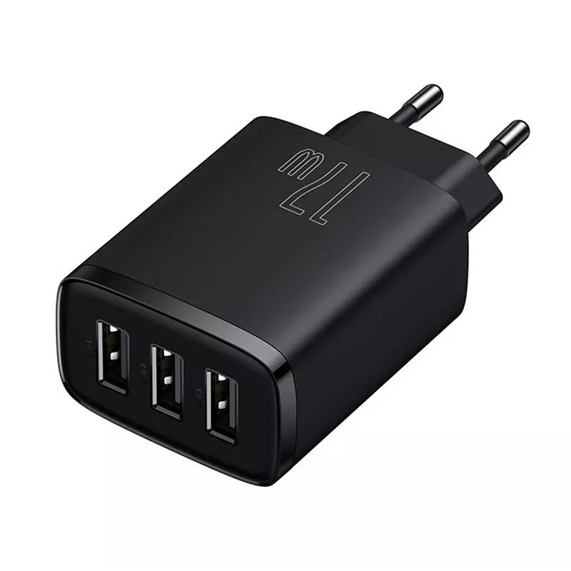 Baseus Compact Quick Charger, 3x USB, 17W (Melns)
