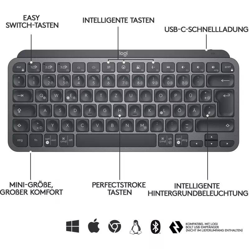 Logitech MX Keys Mini - tastatūra - apgaismojama - Bluetooth - QWERTZ - šveiciešu - grafīta (920-010485)