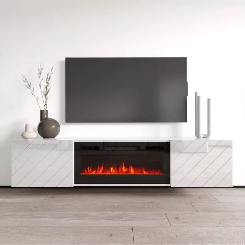 TV skapītis cama meble LUXE 1826×345×375 mm balts spīdīgs ar iebūvētu melnu elektrisko kamīnu (1400–1600 W)