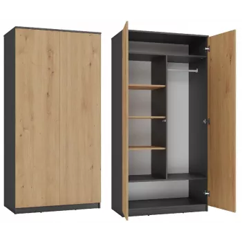 Top e shop SD-90 ANT/ART KPL garderobe — 2 durvju guļamistabas skapis, 7 plaukti, 900×500×1800 mm