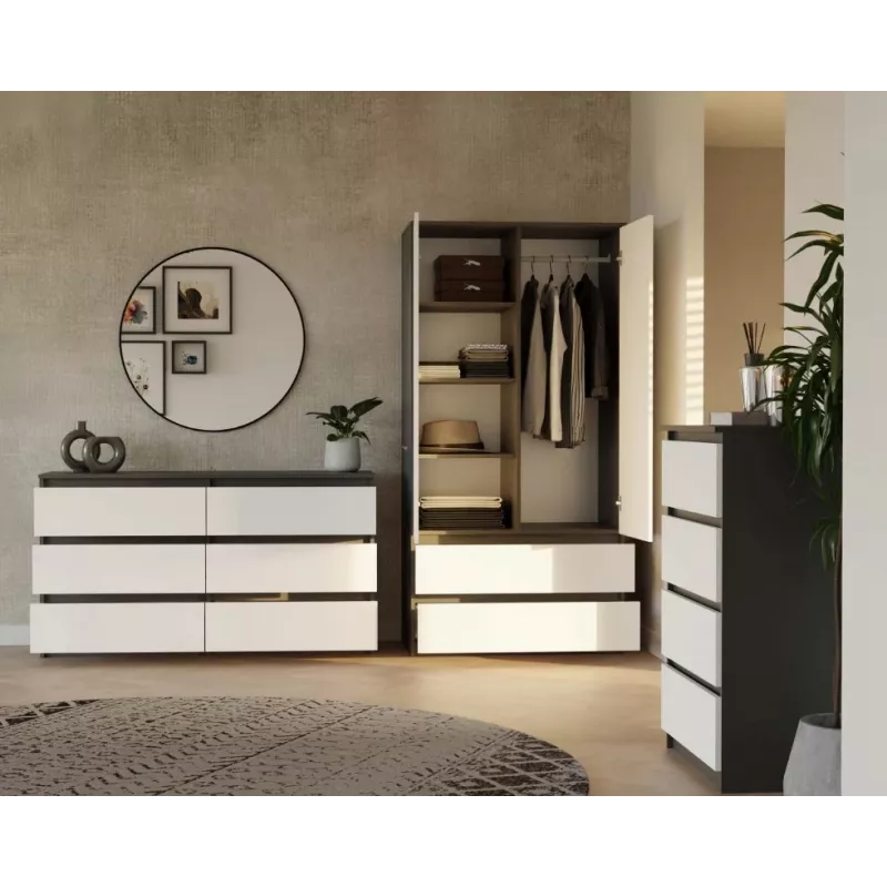 Skapis top e shop MALWA SS-90, 90×180×50 cm, antracīta rāmis, baltas veramas durvis, 2 atvilktnes, lamināts 16 mm