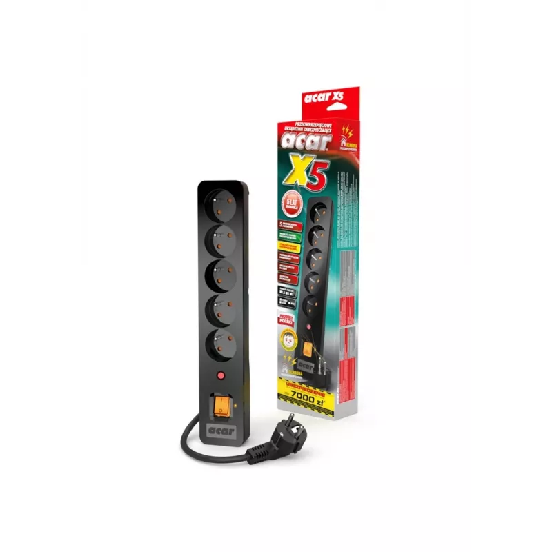 Acar X5/1,5 pagarinātājs ar 5 kontaktligzdām un pārsprieguma aizsardzību 1,5 M Acar X5-Black