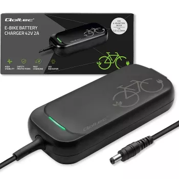 Qoltec ātrais lādētājs 36V elektriskajiem skrejriteņiem un velosipēdiem | 42V | 2A | 5.5*2.5 | ūdensizturīgs + strāvas kabelis