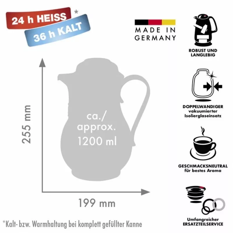 Termosa krūze ROTPUNKT 1,2 L, ziloņkaula krāsa — 24 h karsts / 36 h auksts, rokturis, 199×255 mm