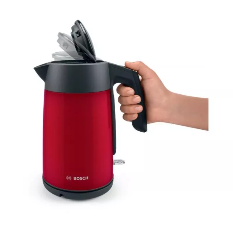 Elektriskā tējkanna Bosch TWK7L464 — 1,7 L tilpums, 2400 W, sarkana, plastmasas korpuss