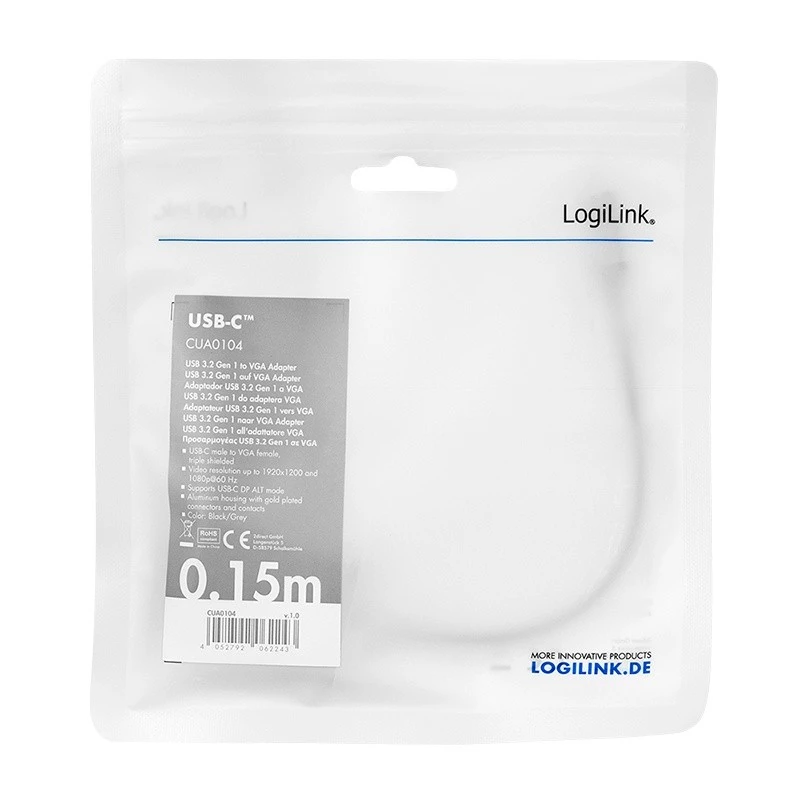 USB Type-C uz VGA (D-Sub) video adaptera kabelis LOGILINK CUA0104 0,15 m, pelēks/melns
