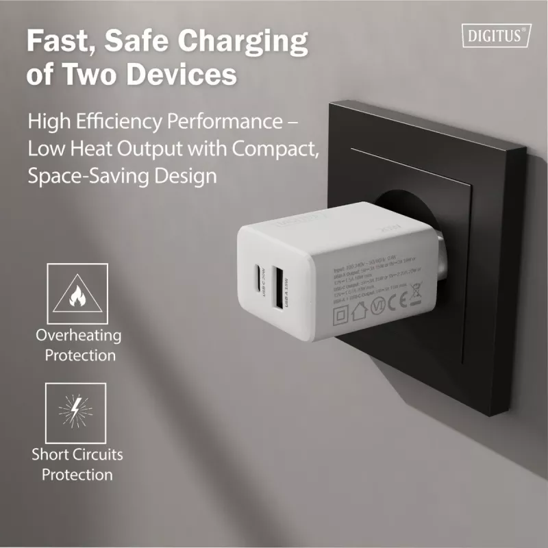 Maiņstrāvas USB lādētājs DIGITUS 20 W, 1x USB-C, 1x USB-A, ieeja 100–240 V, balts