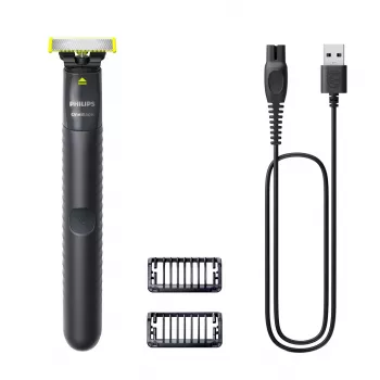 Folijas skuveklis un trimmeris Philips OneBlade QP1424/10 — ogles melns, darbojas ar baterijām, 30 min darbības laiks, bārdas uzgaļi
