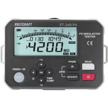 Voltcraft ET-240 PV izolācijas mērītājs 125 V, 250 V, 500 V, 1000 V 4000 MET-240 PV PV izolācijas testeris 1000V 4GSpannungsmessung: 1000 V/DC, 600 V/ACPrfspannungen 125/250/500/1000 VIso