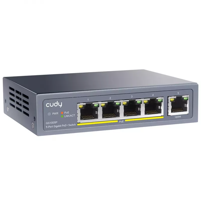 Tīkla slēdzis Cudy GS1005P — 5 portu Gigabit Ethernet ar 4 PoE portiem, 60W kopējā jauda, metāla korpuss, montējams statīvā