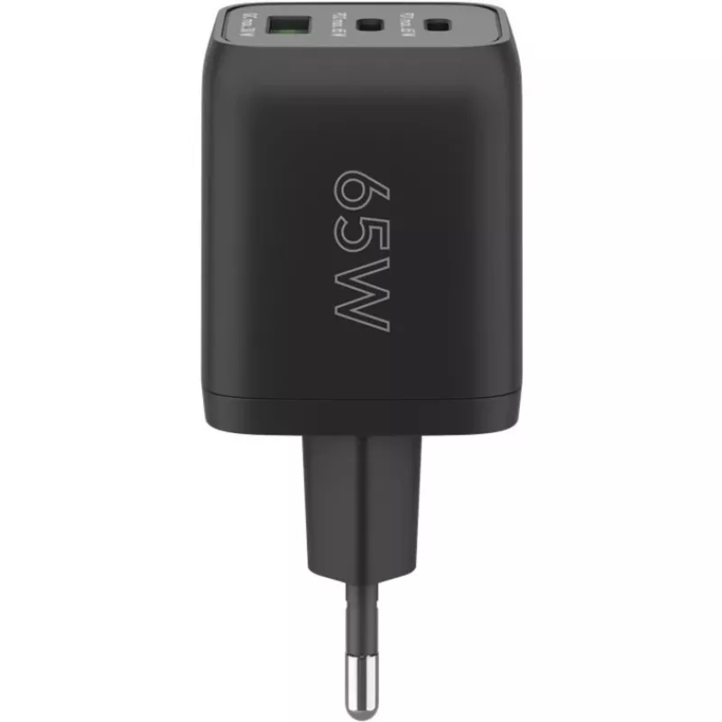 USB-C Ātrais lādētājs Nano, PD, GaN, 65 W, USB-C pīts kabelis (melns, 1x USB-A, 2x USB-C PD, Quick Charge 3.0, 1 metra kabelis)