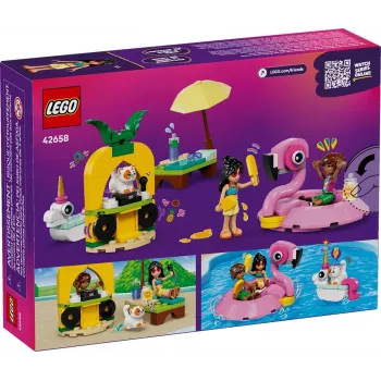 Konstrukciju rotaļlieta LEGO Friends komplekts 42658 Baseina ballīte ar vienradzi un flamingo, tēli un aksesuāri