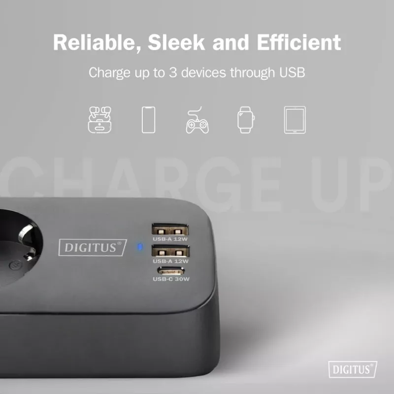 Strāvas sadalītājs DIGITUS 3-vietīgs ar 2×USB-A & 1×USB-C, 3 maiņstrāvas kontaktligzdām Tips E/F, 1,5 m kabelis, melns
