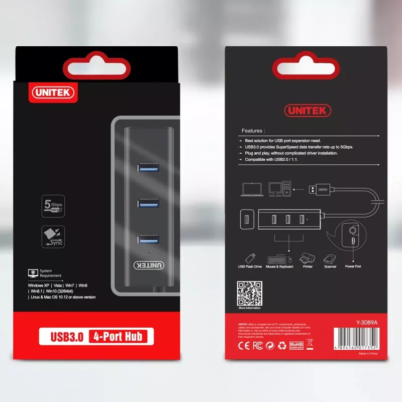 UNITEK Y-3089 interfeisa centrmezgls USB 3.2 Gen 1 (3.1 Gen 1) Type-A 5000 Mbit/s Melns